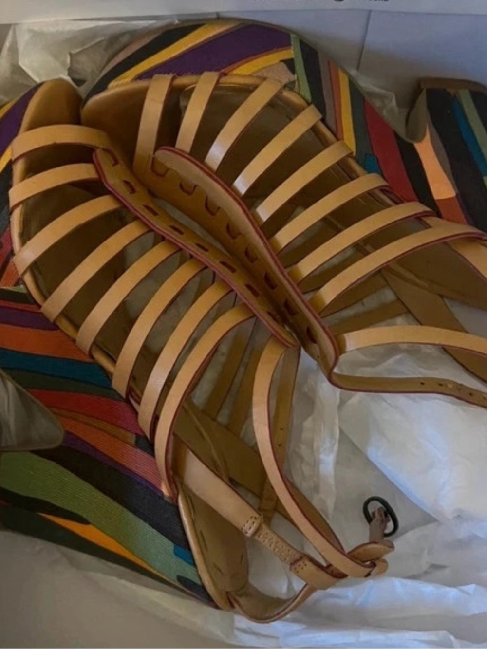 Nine West -“Jumpgirl” Tan Strappy Multi‑Band Leather Sandals